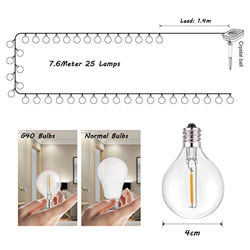 Guirnalda Luces Exterior Solar, Qxmcov 7.6 m Cadena de Luz 25 G40 LED Bombillas con 1 de Carga, Guirnaldas Luminosas Exterior e Interior Decorativas para Jardin Terraza Habitacion Fiestas Navidad