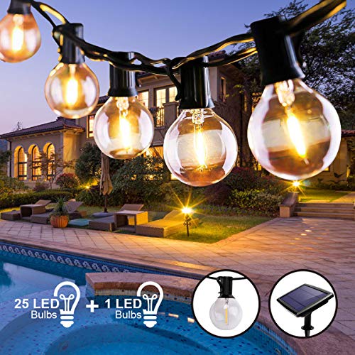 Guirnalda Luces Exterior Solar, Qxmcov 7.6 m Cadena de Luz 25 G40 LED Bombillas con 1 de Carga, Guirnaldas Luminosas Exterior e Interior Decorativas para Jardin Terraza Habitacion Fiestas Navidad