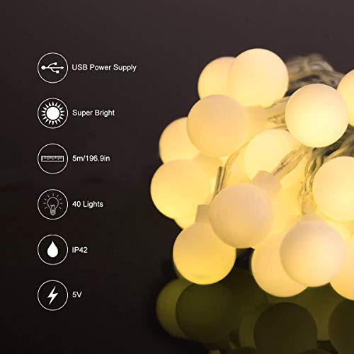 Guirnaldas Cadena de Luces LED USB, LOHAS Decoracion Interior, 5 Metros con 40 Bombillas, Luces Decorativas Blanco Caliente, Ideal para Fiesta, Decoraciones de Dormitorio, Pared, Navidad, Boda