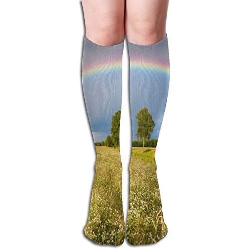 GuoJJ Rainbow Over Field Trigo Parques naturales Tubo unisex Calcetines deportivos Medias de compresión extra largas Tubo Medias hasta la rodilla 50Cm