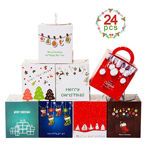 GWHOLE Set de 24 Navidad Cajas de Regalos Cajas para Galletas Dulces de Papel, Caja Cubo Temática Navidad con Asa