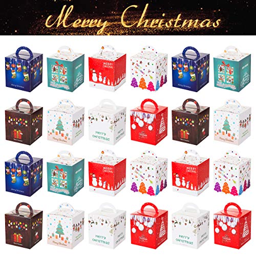 GWHOLE Set de 24 Navidad Cajas de Regalos Cajas para Galletas Dulces de Papel, Caja Cubo Temática Navidad con Asa