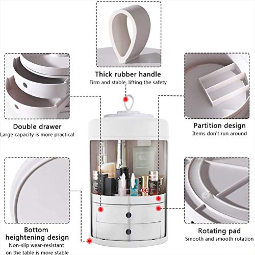Gxklmg Maquillaje Organizador, 360 Grados de rotación de la Puerta Doble de cosmética Caja de Almacenamiento, Estuche de cosméticos a Prueba de Polvo con 2 cajones y Mango de Traslado