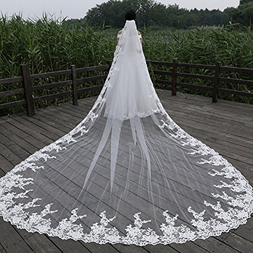 GYMAN Velo de novia Catedral Longitud de la boda velos con peine 3 m de encaje Velo largo blanco encaje accesorios