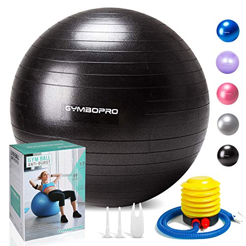 GYMBOPRO Fitness Pelota de Ejercicio - Bola Suiza con Bomba de Inflado,Bola de Yoga antirrebote y Antideslizante Bola de Equilibrio para Gimnasio Pilates Gimnasio de Yoga (75 cm, Negro)