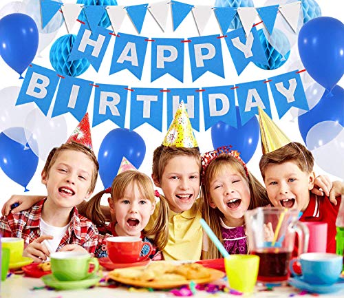 Gyvazla Decoración Cumpleaños, Happy Birthday Pancarta Azul, 9 Pompón Bola de Honeycomb, 12pcs Globos Perlados, 12pcs Banner Triangle Flags - Party Decoration Supplies para Chicas, Chicos y Adultos
