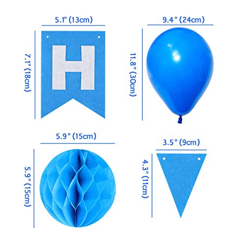 Gyvazla Decoración Cumpleaños, Happy Birthday Pancarta Azul, 9 Pompón Bola de Honeycomb, 12pcs Globos Perlados, 12pcs Banner Triangle Flags - Party Decoration Supplies para Chicas, Chicos y Adultos