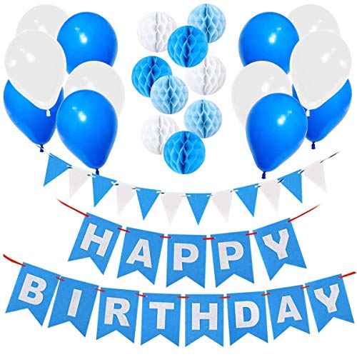 Gyvazla Decoración Cumpleaños, Happy Birthday Pancarta Azul, 9 Pompón Bola de Honeycomb, 12pcs Globos Perlados, 12pcs Banner Triangle Flags - Party Decoration Supplies para Chicas, Chicos y Adultos