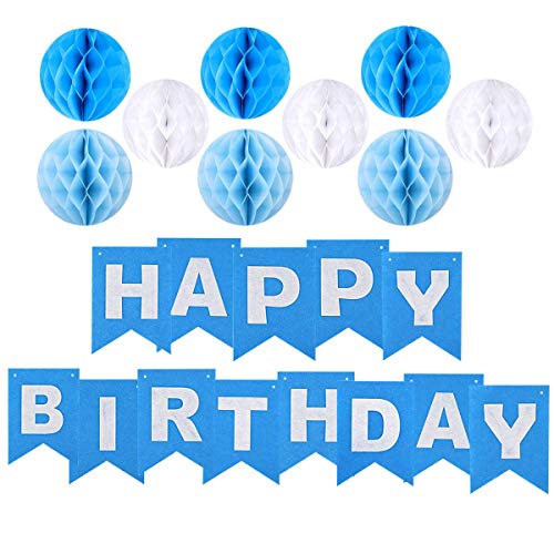 Gyvazla Decoración Cumpleaños, Happy Birthday Pancarta Azul, 9 Pompón Bola de Honeycomb, 12pcs Globos Perlados, 12pcs Banner Triangle Flags - Party Decoration Supplies para Chicas, Chicos y Adultos