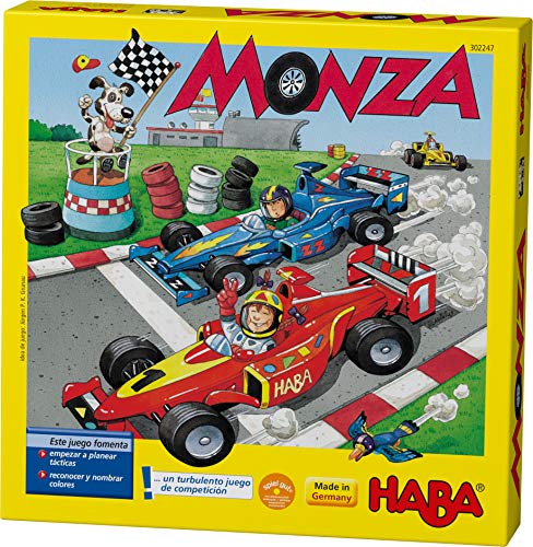 HABA Monza-ESP (302247), Juego de Mesa de Dados, con una turbulenta Carrera de Coches para 2-6 niños de 5 años, para Aprender los Colores. (4416)