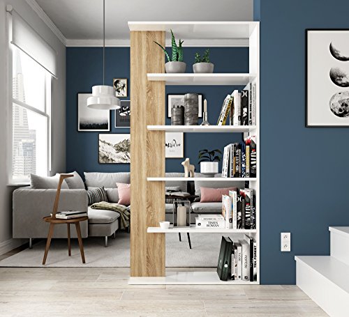 Habitdesign 0F2252A - Estantería 5 baldas, Librería Comedor Salon, Color Blanco Artik y Roble Canadian, Modelo Alida, Medidas: 90 cm (Largo) x 180 cm (Alto) x 25 cm (Fondo)