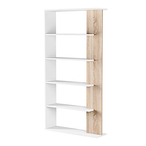 Habitdesign 0F2252A - Estantería 5 baldas, Librería Comedor Salon, Color Blanco Artik y Roble Canadian, Modelo Alida, Medidas: 90 cm (Largo) x 180 cm (Alto) x 25 cm (Fondo)