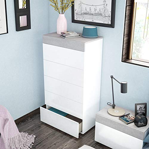Habitdesign 0L7836A- Cómoda chinfonier 5 cajones, Acabado en Blanco Artik y Gris Cemento, Medidas: 61 cm (Ancho) x 118 cm (Alto) x 40 cm de (Fondo)
