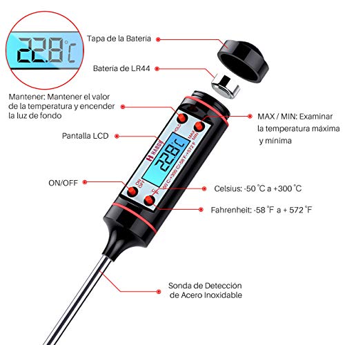 Habor Digital Termometro de Cocina con Pincho de Acero Inoxidable 304, Pantalla LCD, Apagado Automático, Apto para Carne, BBQ, Horno, Líquido, Comida Bebé, Agua de Baño, steel