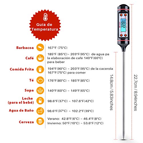 Habor Digital Termometro de Cocina con Pincho de Acero Inoxidable 304, Pantalla LCD, Apagado Automático, Apto para Carne, BBQ, Horno, Líquido, Comida Bebé, Agua de Baño, steel