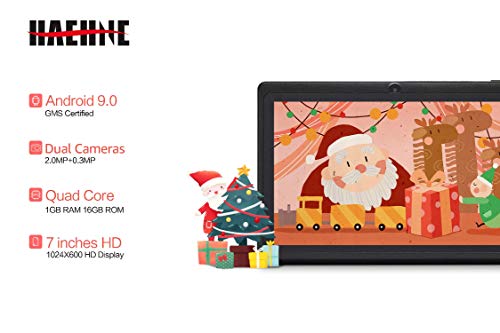 Haehne 7" Tablet PC, Android 9.0 Certificado por Google GMS, 1GB RAM 16GB ROM Quad Core, Cámaras Duales 2.0MP+0.3MP, Pantalla 1024*600 HD, WiFi, Bluetooth, Negro