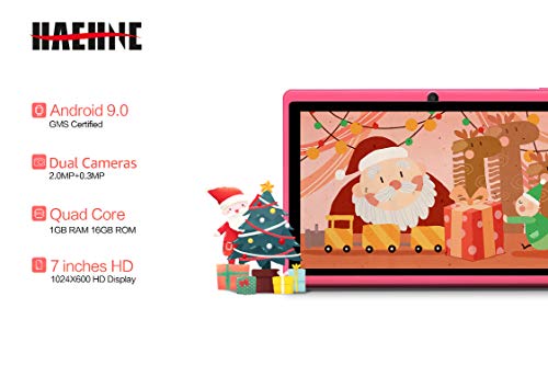 Haehne 7" Tablet PC, Android 9.0 Certificado por Google GMS, 1GB RAM 16GB ROM Quad Core, Cámaras Duales 2.0MP+0.3MP, Pantalla 1024*600 HD, WiFi, Bluetooth, Rosado