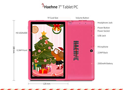 Haehne 7" Tablet PC, Android 9.0 Certificado por Google GMS, 1GB RAM 16GB ROM Quad Core, Cámaras Duales 2.0MP+0.3MP, Pantalla 1024*600 HD, WiFi, Bluetooth, Rosado