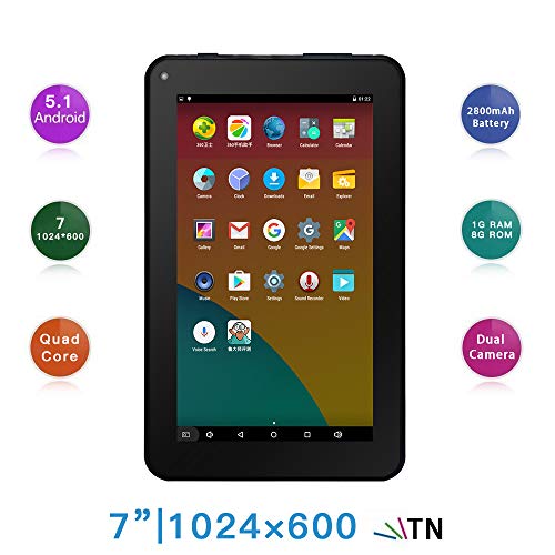 Haehne 7" Tablet PC - Google Android 5.1 Quad Core, 1G RAM 8GB ROM, Cámaras Duales 2.0MP + 0.3MP, 2800mAh, 1024 x 600 Pantalla, WiFi, Bluetooth, Blanco