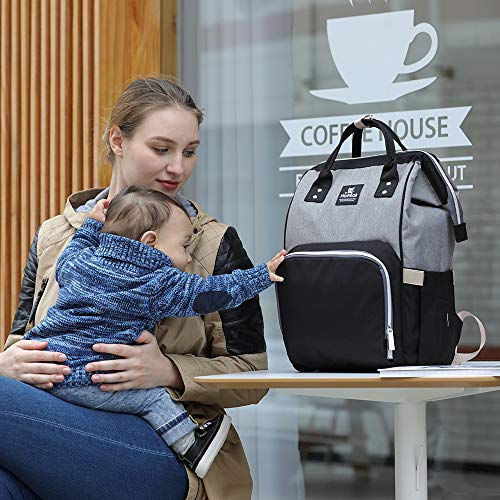 Hafmall Mochilas para Pañales de Viaje Impermeable para Bebés, Elegante Bolsos para Pañales de Gran Capacidad con Cambiador y Ganchos Carrito Bebé (Negro+Gris)