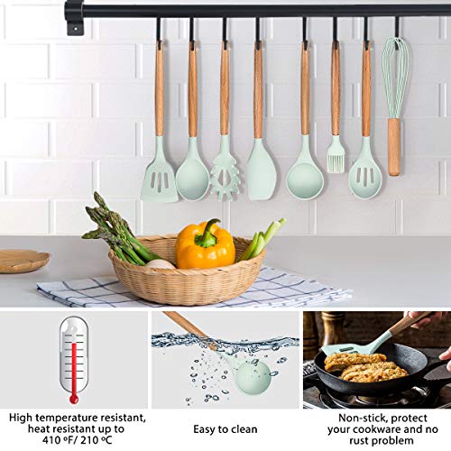 Haipei [2018 Última versión] Conjunto de Utensilios de Cocina, 9Pcs. Utensilios de Cocina de Silicona. Conjunto de Herramientas de espátula. Sin rasguños y Resistente al Calor. Proteja Sus sartenes