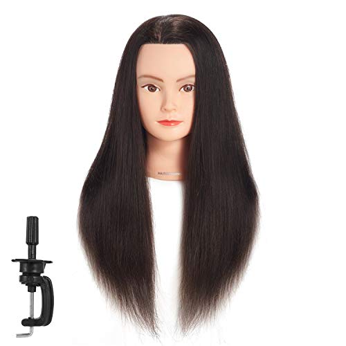 Hairginkgo Cabeza de maniquí 24-26"Cabeza de maniquí de cabello humano Cabeza de entrenamiento de peluquería Cabeza de muñeca de cosmetología para estilizar el tinte con soporte de abrazadera