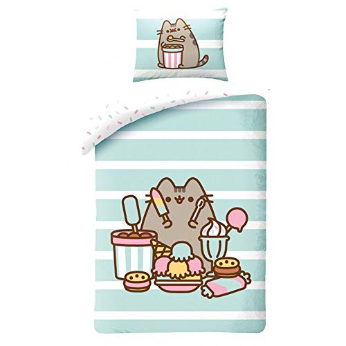 Halantex Juego de Cama de Algodón con el Personaje de la gatita Pusheen Funda nórdica y Funda de Almohada – Multicolor – 100% algodón – 140 x 200 cm