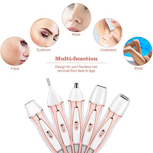 HALOVIE Depiladora Mujer Afeitadora Eléctrica 5 en 1 Maquina Depilar Facial Recortador Inalámbrica USB Recargable Impermeable sin Dolor para Cara, Cejas, Piernas, Nariz, Axila, Bikini