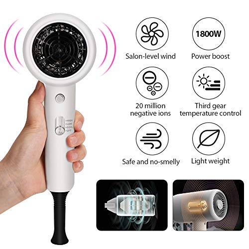 HALOVIE Secador de Pelo Profesional Función Iónico 1800W Potente Secador de Cabello 3 Velocidades y Temperaturas con Difusor y Boquilla Botón de Aire Frío Secado Rápido Portátil para Salón Casa Viaje