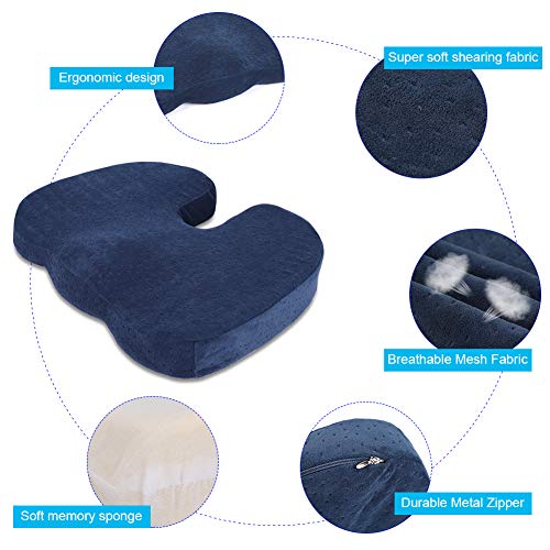 Halovie Suave Coxis Ortopédica Cojín Almohada Espuma de Memoria para Silla Cojín asiento Alivia el Dolor y Corrige la Postura 45 * 35 * 7Cm Azul