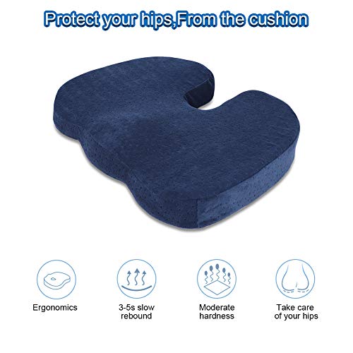 Halovie Suave Coxis Ortopédica Cojín Almohada Espuma de Memoria para Silla Cojín asiento Alivia el Dolor y Corrige la Postura 45 * 35 * 7Cm Azul