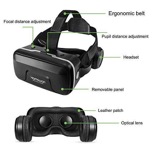 HAMSWAN Gafas de Realidad Virtual con Auriculares, [Regalos] 3D VR Googles con Auriculares Incorporados, Visión de 360 Grados, FOV Botón, Multifunción para Los Móviles de Pantalla 4.0-6.0 Pulgadas