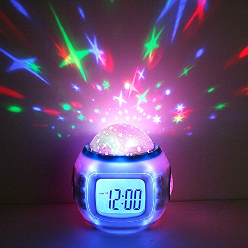 Hangang Despertador Infantil Dormir Reloj Cambio De Color Estrella Cielo Estrellas Música De Proyección Digital Reloj con Fondo Luz Nocturna Calendario Termómetro para Niños Niños
