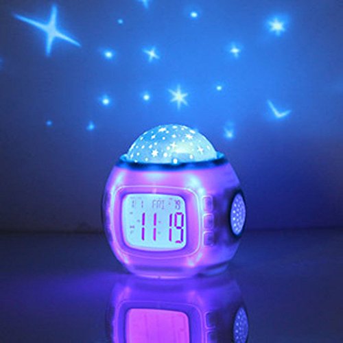 Hangang - Reloj despertador con proyección de cielo estrellado, música, reloj digital con retroiluminación con calendario, termómetro para niños, niña, habitación
