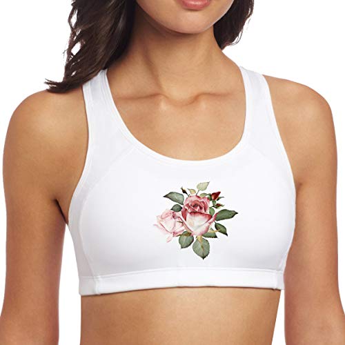 Hangdachang Sujetador Deportivo para Mujer,Rosas Grandes y brotes,Imagen Coloreada a Mano,Sujetadores Deportivos con Tiras Sujetador de Yoga de sujeción Media S