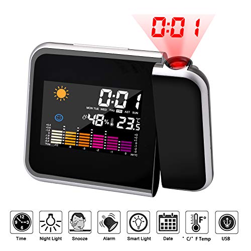 Hangrui Reloj de proyección Digital,LED Alarma, Reloj Modern Reloj Despertador Colourful Pantalla LCD Estación USB Meteorológica Termómetro Higrómetro Funciones de Repetición