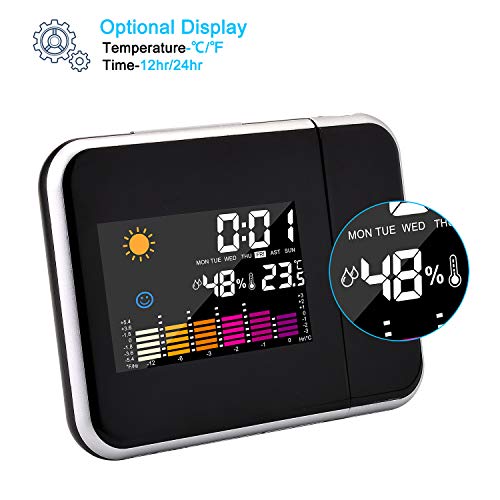 Hangrui Reloj de proyección Digital,LED Alarma, Reloj Modern Reloj Despertador Colourful Pantalla LCD Estación USB Meteorológica Termómetro Higrómetro Funciones de Repetición