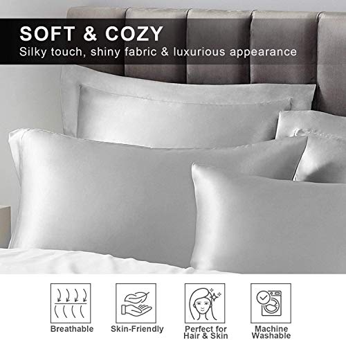 Hansleep Funda Almohada de Satén Sedoso, 50x75 cm 4 Piezas para Pelo Rizado - Microfibra Suave Antiarrugas sin Cremallera (2 Unidades con Cierre de sobre y 2 Unidades con Bordes), Gris Claro