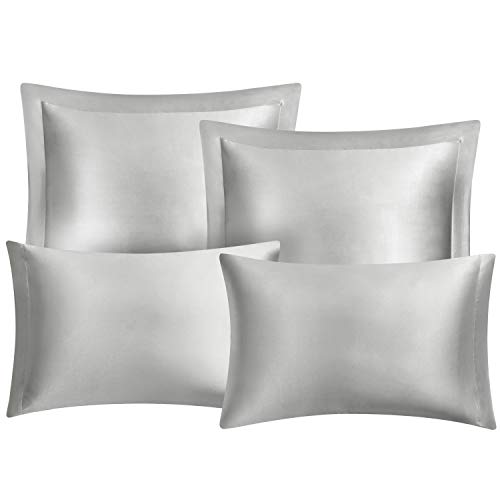Hansleep Funda Almohada de Satén Sedoso, 50x75 cm 4 Piezas para Pelo Rizado - Microfibra Suave Antiarrugas sin Cremallera (2 Unidades con Cierre de sobre y 2 Unidades con Bordes), Gris Claro
