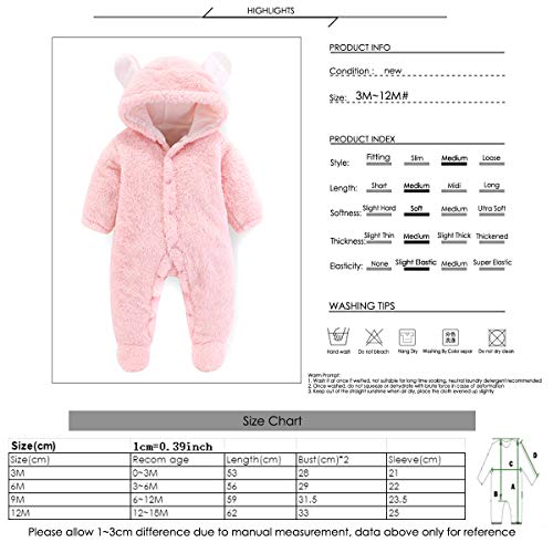 Haokaini - Traje de Nieve cálido para bebé Oso, Mono de Mameluco con Capucha de Felpa de algodón para niñas niño (0-3 Meses, Rosado)