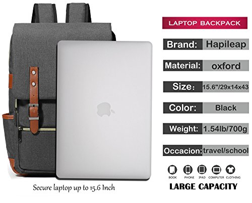 HapiLeap Mochila Escolar Unisex Mochila Portátil Senderismo Deportes Bolsa de Camping Fit La mayoría de los Portátiles 15.6 Pulgadas (Negro)