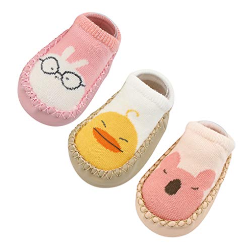 Happy Cherry 3Pcs Calcetines Prewalker Antideslizante Zapatillas de Piso Bebes Impresión Lindo Caliente Algodón 13cm 12-18 Meses Púrpura