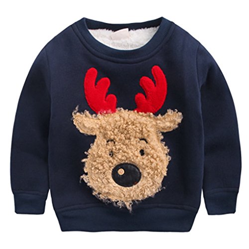 Happy Cherry - Ropa Sudadera de Niños Bebés para Invierno Chandal Camiseta Navidad Dibujo de Reno Suéter Grueso Caliente con Terciopelo - Azul - Talla ES 12-18 Meses