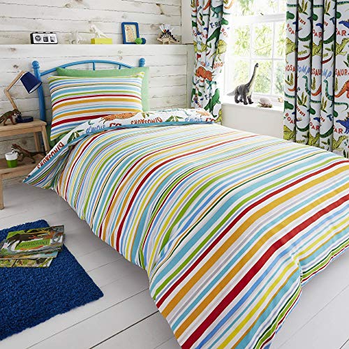 Happy Linen Company Set de Fundas Infantiles para edredón - Reversible - Estampado de Dinosaurios con tiranosaurio Verde - Individual