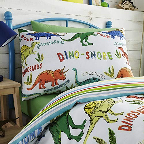 Happy Linen Company Set de Fundas Infantiles para edredón - Reversible - Estampado de Dinosaurios con tiranosaurio Verde - Individual