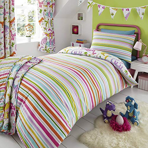 Happy Linen Company Set de Fundas Infantiles para edredón - Reversible - Estampado de Dinosaurios Rosas sobre Blanco - Blanco - Individual