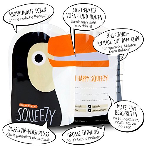 Happy Squeezy (8 bolsas) bolsas de comida para bebés reutilizables - ideal para batidos de fruta caseros, papilla para bebés, yogurt, 170ml, sin BPA, estanco