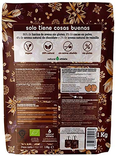 Harina de Avena BIO Sabor Chocolate Natural Athlete, Sin Azúcar, Sin Aditivos, Sin Gluten -1KG