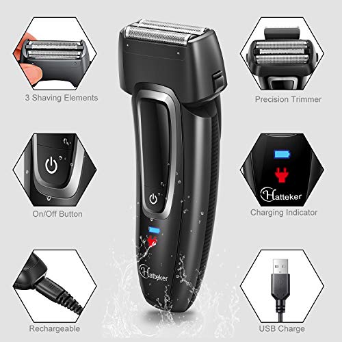 Hatteker Afeitadora Eléctrica,Afeitadora Profesional Inalámbrica Para Hombres, Batería De Litio a Prueba De Agua Mojado/Seco Con Recortador De Precisión Push-Up Usb Pantalla Led Recargable Negro