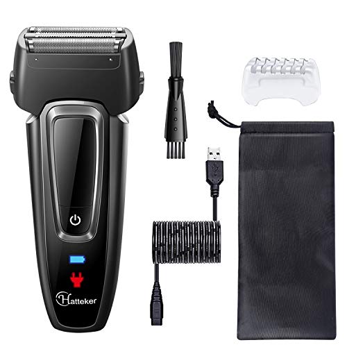 Hatteker Afeitadora Eléctrica,Afeitadora Profesional Inalámbrica Para Hombres, Batería De Litio a Prueba De Agua Mojado/Seco Con Recortador De Precisión Push-Up Usb Pantalla Led Recargable Negro